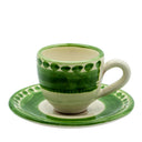 Tazzina da caffè con piattino I Colorati verde, ceramica artigianale smaltata, vista frontale.
