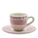 Tazzina da caffè con piattino I Colorati rosa, ceramica artigianale smaltata, vista frontale.