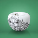 Salvadanaio Mela City a forma di mela con panorama cittadino, accessorio casa di design