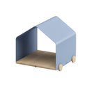Cuccia per cani e gatti da interno Campero con design moderno, struttura in metallo blu e base in legno.