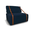 Poltrona design Docker in velluto blu scuro con dettagli in pelle