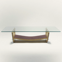 Tavolo da caffè Trevi con piano in cristallo e base semicircolare in rovere