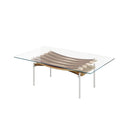 Tavolino da caffè di design con piano in vetro e struttura in legno