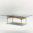 Tavolino da caffè moderno con piano in vetro e base in legno